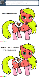 Size: 547x1080 | Tagged: safe, artist:claireannecarr, earth pony, pony, ask maplejack, blushing, clothes, cowboys and equestrians, female, mad (tv series), mad magazine, maplejack, mare, saddle, simple background, socks, solo, white background