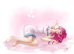 Size: 2962x2152 | Tagged: safe, artist:missangest, pinkie pie, human, g4, barefoot, clothes, dress, feet, female, gradient background, high res, humanized, pajamas, sleeping, solo