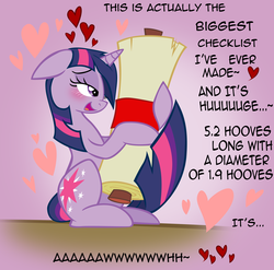 Size: 3501x3465 | Tagged: safe, artist:skutchi, artist:somepony, twilight sparkle, pony, unicorn, g4, adorkable, bedroom eyes, bibliophile, blushing, cargo ship, checklist, chico the checklist, crack shipping, cute, dork, eyes on the prize, female, floating heart, floppy ears, heart, high res, holding, hug, list, love, mare, open mouth, scroll, shipping, sitting, smiling, solo, straight, tail hug, that pony sure does love lists, twilist, unicorn twilight