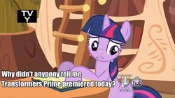 Size: 960x540 | Tagged: safe, edit, edited screencap, screencap, twilight sparkle, pony, unicorn, g4, female, fourth wall, frown, golden oaks library, hub logo, mare, roflbot, transformers, tv rating