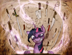 Size: 900x692 | Tagged: safe, artist:foxinshadow, artist:skutchi, twilight sparkle, pony, unicorn, g4, cleaver, female, fork, knife, magic, maniacal laugh, mare, slasher smile, solo, sword, weapon
