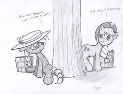 Size: 900x688 | Tagged: source needed, safe, artist:syggie, applejack, earth pony, pony, g4, barrel, cowboys and equestrians, duo, duo female, female, looking back, mad (tv series), mad magazine, maplejack, mare, monochrome, sitting, tree