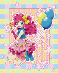 Size: 1000x1268 | Tagged: safe, artist:chikorita85, pinkie pie, human, g4, abstract background, balloon, candy, clothes, cute, diapinkes, dress, female, humanized, jumping, lollipop, looking back, open mouth, smiling