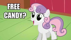 Size: 600x338 | Tagged: safe, edit, edited screencap, screencap, sweetie belle, pony, unicorn, g4, candy, female, filly, happy, image macro, solo