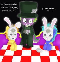 Size: 1681x1737 | Tagged: safe, artist:blackbewhite2k7, spike, dragon, pony, g4, arkham city, batman, crazy face, crossover, cup, faic, jervis tetch, mad hatter, male, mask, parody, teacup