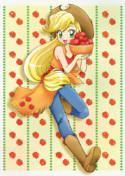 Size: 900x1267 | Tagged: safe, artist:chikorita85, applejack, human, g4, abstract background, apple, applejack's hat, basket, boots, cowboy boots, cowboy hat, cute, female, hat, humanized, jackabetes, looking at you, open mouth, solo