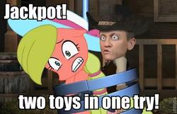 Size: 542x348 | Tagged: safe, earth pony, human, pony, cowboys and equestrians, crane game, daniel craig, female, image macro, mad (tv series), mad magazine, maplejack, mare, pony reference