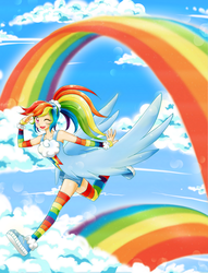 Size: 1600x2097 | Tagged: safe, artist:chikorita85, rainbow dash, human, g4, clothes, cute, dashabetes, female, humanized, one eye closed, open mouth, ponytail, rainbow, sky, smiling, socks, solo, striped socks, wings, wink