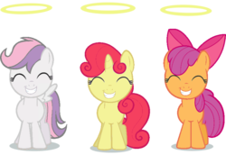 Size: 800x550 | Tagged: safe, apple bloom, scootaloo, sweetie belle, earth pony, pegasus, pony, unicorn, g4, cutie mark crusaders, eyes closed, female, filly, halo, recolor, simple background, smiling, transparent background
