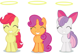 Size: 800x550 | Tagged: safe, apple bloom, scootaloo, sweetie belle, earth pony, pegasus, pony, unicorn, g4, cutie mark crusaders, eyes closed, female, filly, halo, recolor, simple background, smiling, transparent background