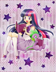 Size: 999x1293 | Tagged: safe, artist:chikorita85, spike, twilight sparkle, dragon, human, g4, abstract background, book, clothes, cute, duo, female, humanized, male, open mouth, reading, shoes, sitting, skirt, sneakers, spikabetes, stars, twiabetes