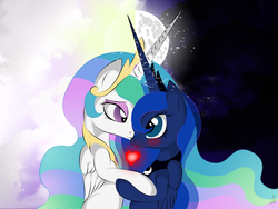 Size: 3072x2304 | Tagged: source needed, safe, artist:v-d-k, princess celestia, princess luna, alicorn, pony, g4, blushing, cute, eye contact, female, heart, high res, horn, horns are touching, incest, lesbian, looking at each other, mare, moon, ship:princest, shipping, sun