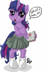 Size: 1004x1700 | Tagged: safe, artist:buttercupsaiyan, twilight sparkle, pony, g4, bipedal, book, chest fluff, clothes, colored, female, looking at you, mare, skirt, socks, solo