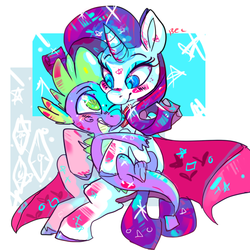 Size: 600x600 | Tagged: safe, artist:clockworkquartet, rarity, spike, dragon, pony, unicorn, g4, abstract background, blushing, female, male, mare, ship:sparity, shipping, sitting on lap, straight