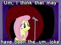 Size: 500x367 | Tagged: safe, edit, fluttershy, pegasus, pony, g4, female, hilarious in hindsight, image macro, lip bite, male, mare, microphone, reaction image, solo, that's the joke, the simpsons