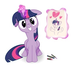 Size: 1200x1106 | Tagged: dead source, safe, artist:lhconceptpony, twilight sparkle, pony, unicorn, g4, crayon, cute, drawing, female, floppy ears, grin, head tilt, heart, hug request, levitation, looking at you, magic, mare, not creepy, picture, simple background, sitting, smiling, solo, squee, telekinesis, twiabetes, unicorn twilight, white background