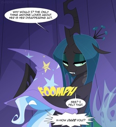 Size: 1615x1782 | Tagged: safe, artist:tarajenkins, queen chrysalis, trixie, changeling, changeling queen, pony, unicorn, g4, angry, duo, duo female, female, hat over eyes, kathleen barr, mare, stage, voice actor joke