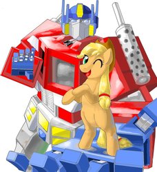 Size: 854x935 | Tagged: artist needed, safe, applejack, earth pony, pony, g4, duo, female, looking at you, mare, one eye closed, optimus prime, rearing, simple background, smiling, transformers, white background, wink