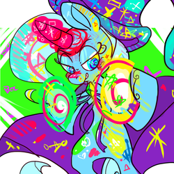 Size: 600x600 | Tagged: dead source, safe, artist:clockworkquartet, trixie, pony, unicorn, g4, abstract background, bipedal, female, grin, magic, mare, smiling, solo
