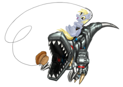 Size: 1128x800 | Tagged: safe, artist:ironraptor, derpy hooves, pegasus, pony, g4, crossover, duo, female, fishing rod, food, grimlock, mare, muffin, riding, simple background, transformers, transparent background