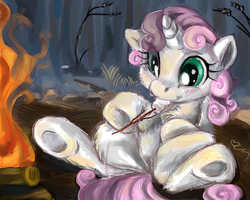 Size: 2500x2000 | Tagged: safe, artist:buttercupsaiyan, sweetie belle, pony, unicorn, g4, campfire, female, filly, fluffy, high res, marshmallow, on back, smiling, solo, underhoof