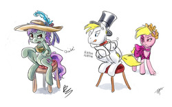 Size: 1200x748 | Tagged: safe, artist:buttercupsaiyan, artist:carnifex, oc, oc only, oc:blackberry cream, earth pony, pony, clothes, cup, dress, female, glasses, hat, male, mare, monocle, sitting, stallion, stool, top hat, watch, wristwatch