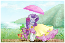 Size: 965x642 | Tagged: safe, artist:ruaniamh, rarity, spike, dragon, pony, unicorn, g4, alternate hairstyle, clothes, dress, female, interspecies, male, mare, ship:sparity, shipping, smiling, straight, umbrella, walking