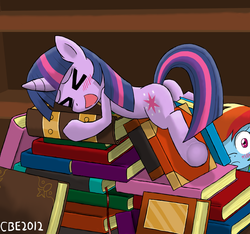 Size: 1210x1134 | Tagged: safe, artist:crimsonbugeye, rainbow dash, twilight sparkle, pegasus, pony, unicorn, g4, ><, blushing, book, butt, confused, duo, duo female, eyes closed, female, foreshadowing, mare, pile, plot, that pony sure does love books
