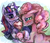 Size: 1352x1172 | Tagged: safe, artist:buttercupsaiyan, pinkie pie, twilight sparkle, earth pony, pony, unicorn, g4, abstract background, blushing, female, lesbian, mare, ship:twinkie, shipping, smiling