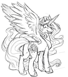 Size: 2738x3076 | Tagged: safe, artist:buttercupsaiyan, princess celestia, alicorn, pony, princess molestia, g4, female, grin, high res, looking back, mare, monochrome, smiling, solo