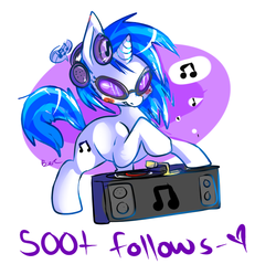 Size: 700x670 | Tagged: source needed, safe, artist:clockworkquartet, dj pon-3, vinyl scratch, pony, unicorn, g4, abstract background, female, headphones, mare, solo, turntable