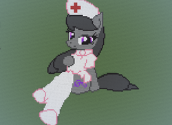 Size: 1166x843 | Tagged: safe, artist:askaniz, artist:pyruvate, octavia melody, earth pony, pony, g4, clothes, female, mare, minecraft, minecraft pixel art, nurse, pixel art, sitting, socks, solo