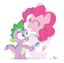 Size: 750x732 | Tagged: safe, artist:dm29, pinkie pie, spike, dragon, earth pony, pony, g4, cartoon physics, duo, female, ice cream, male, mare, pinkie being pinkie, pinkie physics, simple background, smiling, spoon, transparent background