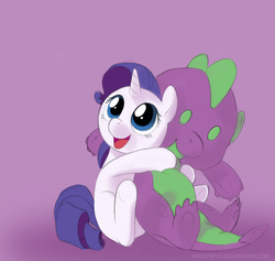 Size: 1350x1278 | Tagged: safe, artist:warepwn3, rarity, spike, pony, unicorn, g4, cute, female, filly, filly rarity, hug, looking up, male, open mouth, plushie, purple background, raribetes, ship:sparity, shipping, simple background, sitting, smiling, solo, spike plushie, straight, underhoof, younger