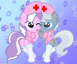 Size: 2421x2000 | Tagged: safe, artist:pyruvate, diamond tiara, silver spoon, earth pony, pony, g4, abstract background, bipedal, butt, diamond buttiara, duo, duo female, female, filly, glasses, high res, nurse, plot, silverbutt, wink