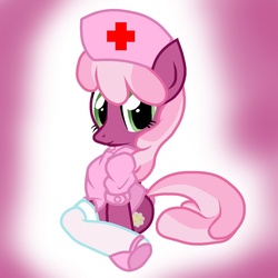 Size: 1256x1255 | Tagged: safe, artist:pyruvate, cheerilee, earth pony, pony, semi-anthro, g4, clothes, female, gradient background, mare, nurse, sitting, socks, solo
