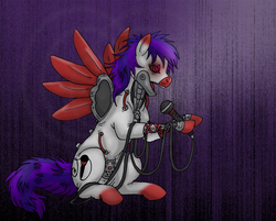 Size: 1044x840 | Tagged: safe, artist:aisu-isme, oc, oc only, oc:small talk, pony, robot, robot pony, creepy ponies, microphone, open mouth, sitting, solo, spread wings