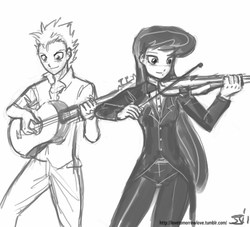 Size: 1000x909 | Tagged: safe, artist:johnjoseco, octavia melody, spike, human, g4, female, grayscale, guitar, humanized, male, monochrome, musical instrument, ship:spiketavia, simple background, violin, white background