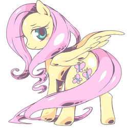 Size: 750x750 | Tagged: source needed, useless source url, safe, artist:moyamoya kuroi, fluttershy, pegasus, pony, g4, blushing, cute, female, looking at you, looking back, mare, partially open wings, pixiv, shyabetes, simple background, smiling, solo, white background, wings