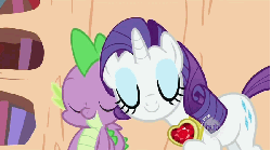 Size: 850x475 | Tagged: safe, screencap, rarity, spike, dragon, pony, unicorn, g4, season 2, secret of my excess, animated, eyes closed, female, fire ruby, gif, golden oaks library, hub logo, imma snuggle you, male, mare, nuzzling, snuggling, spikelove