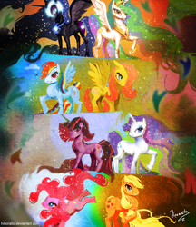 Size: 887x1028 | Tagged: safe, artist:hinoraito, applejack, fluttershy, nightmare moon, pinkie pie, princess celestia, princess luna, rainbow dash, rarity, twilight sparkle, alicorn, earth pony, pegasus, pony, unicorn, g4, collage, female, mane six, mare