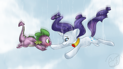 Size: 1920x1080 | Tagged: safe, artist:batlover800, rarity, spike, dragon, pony, unicorn, g4, secret of my excess, blushing, eye contact, falling, female, fire ruby, interspecies, looking at each other, male, mare, motion blur, scene interpretation, ship:sparity, shipping, straight, wallpaper