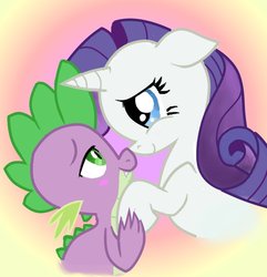 Size: 711x738 | Tagged: safe, artist:strixmoonwing, rarity, spike, dragon, pony, unicorn, g4, blushing, eye contact, female, floppy ears, gradient background, interspecies, looking at each other, male, mare, romance, ship:sparity, shipping, smiling, straight