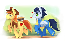 Size: 1163x739 | Tagged: safe, artist:ende26, braeburn, soarin', earth pony, pegasus, pony, g4, clothes, eyes on the prize, gay, heart, male, pie, ship:soarburn, shipping, stallion, that pony sure does love pies, tongue out, trotting, uniform, wonderbolts uniform