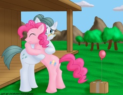 Size: 800x617 | Tagged: safe, artist:thedigodragon, cloudy quartz, pinkie pie, earth pony, pony, g4, balloon, butt, duo, duo female, female, hug, mare, mother and child, mother and daughter, plot, smiling, suitcase, veranda