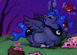 Size: 1280x911 | Tagged: safe, artist:featherhead, princess luna, alicorn, pony, g4, apple, candy, candy apple, eating, fat, female, food, herbivore, lollipop, mare, moonbutt, night, nightmare night, obese, princess moonpig, solo, stuffed, weight gain