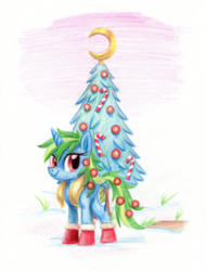 Size: 823x1082 | Tagged: safe, artist:needsmoarg4, trixie, pony, unicorn, g4, boots, christmas, christmas tree, female, mare, redesign, solo, traditional art, tree