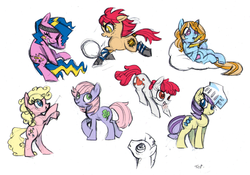Size: 1280x894 | Tagged: safe, artist:needsmoarg4, bon bon (g1), bright eyes, clover (g1), melody, patch (g1), starlight (g1), sweetheart, earth pony, pony, g1, g4, my little pony tales, 7 pony friends, bipedal, female, g1 to g4, generation leap, mare, rearing, simple background, tail wrap, white background