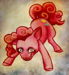 Size: 738x800 | Tagged: safe, artist:sleepwalks, pinkie pie, earth pony, pony, g4, abstract background, creepy, face down ass up, female, mare, sharp teeth, solo, teeth