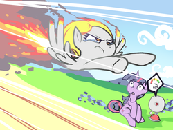 Size: 1024x768 | Tagged: safe, artist:karzahnii, derpy hooves, twilight sparkle, pegasus, pony, unicorn, g4, hurricane fluttershy, anemometer, determined, duo, epic derpy, fast, female, fire, intense, mare, narrowed eyes, on fire, sitting, teary eyes, unicorn twilight